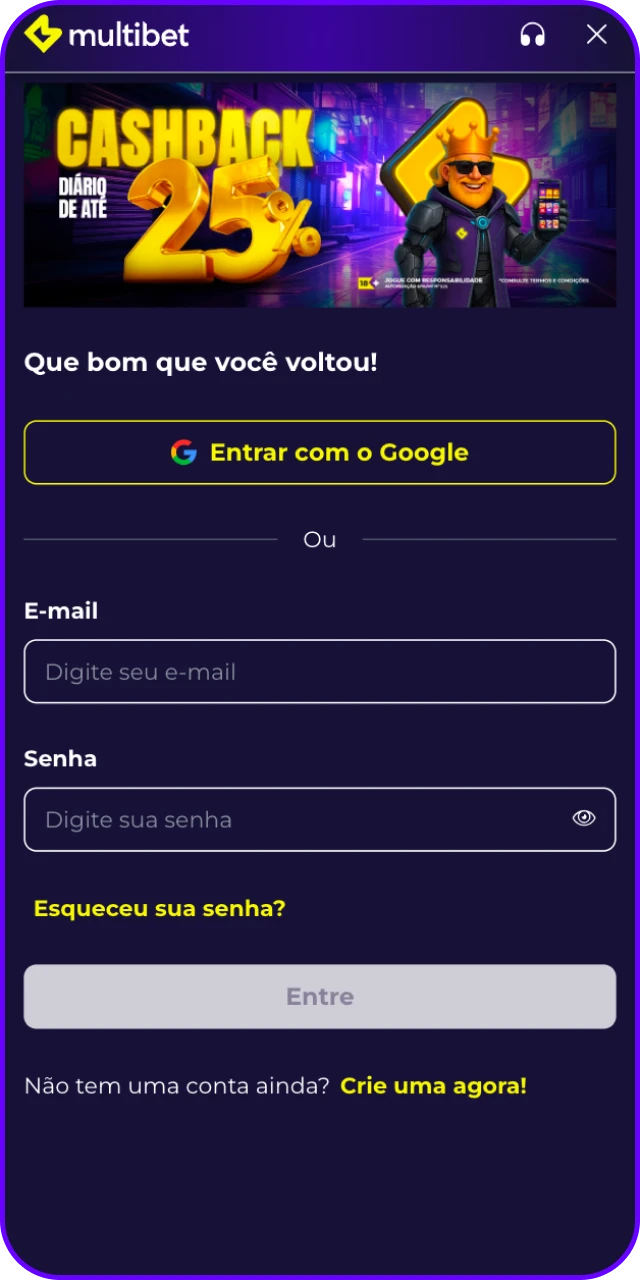 Entre ou crie uma conta nova diretamente pelo MultiBet App para começar.