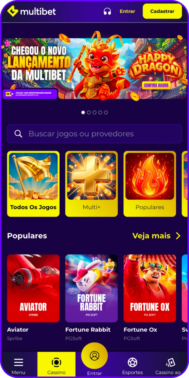 Navegue pela interface da página inicial intuitiva do MultiBet App.