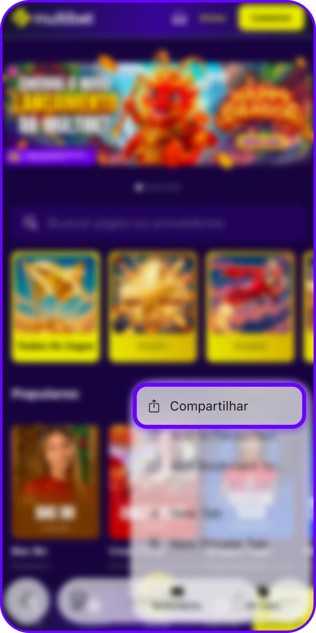 Toque no ícone de compartilhar para iniciar a instalação do MultiBet App no iOS.